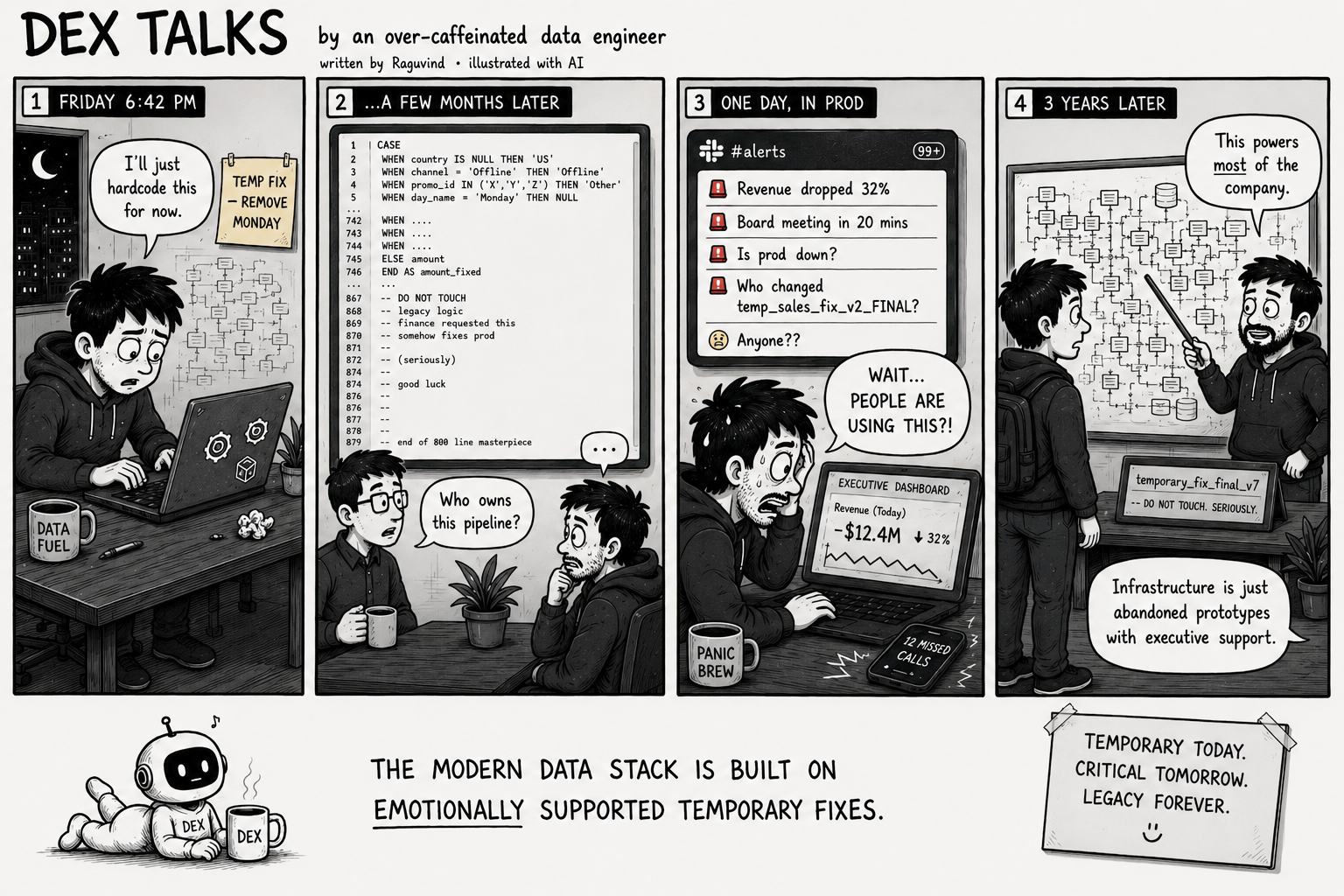 The Temp Fix ? four-panel comic; transcript below.