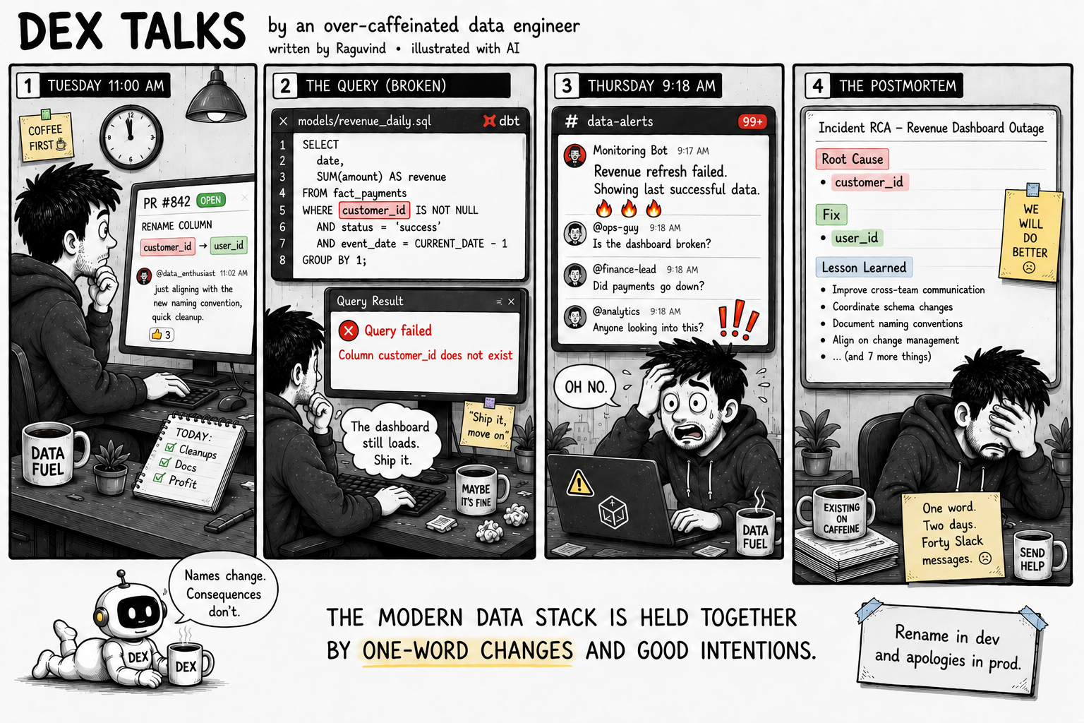 The Schema Migration ? four-panel comic; transcript below.