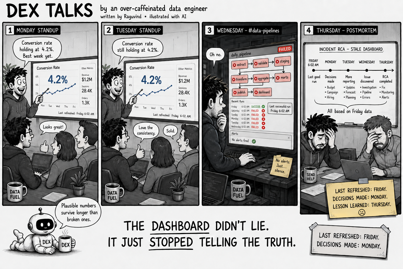 The Stale Dashboard ? four-panel comic; transcript below.